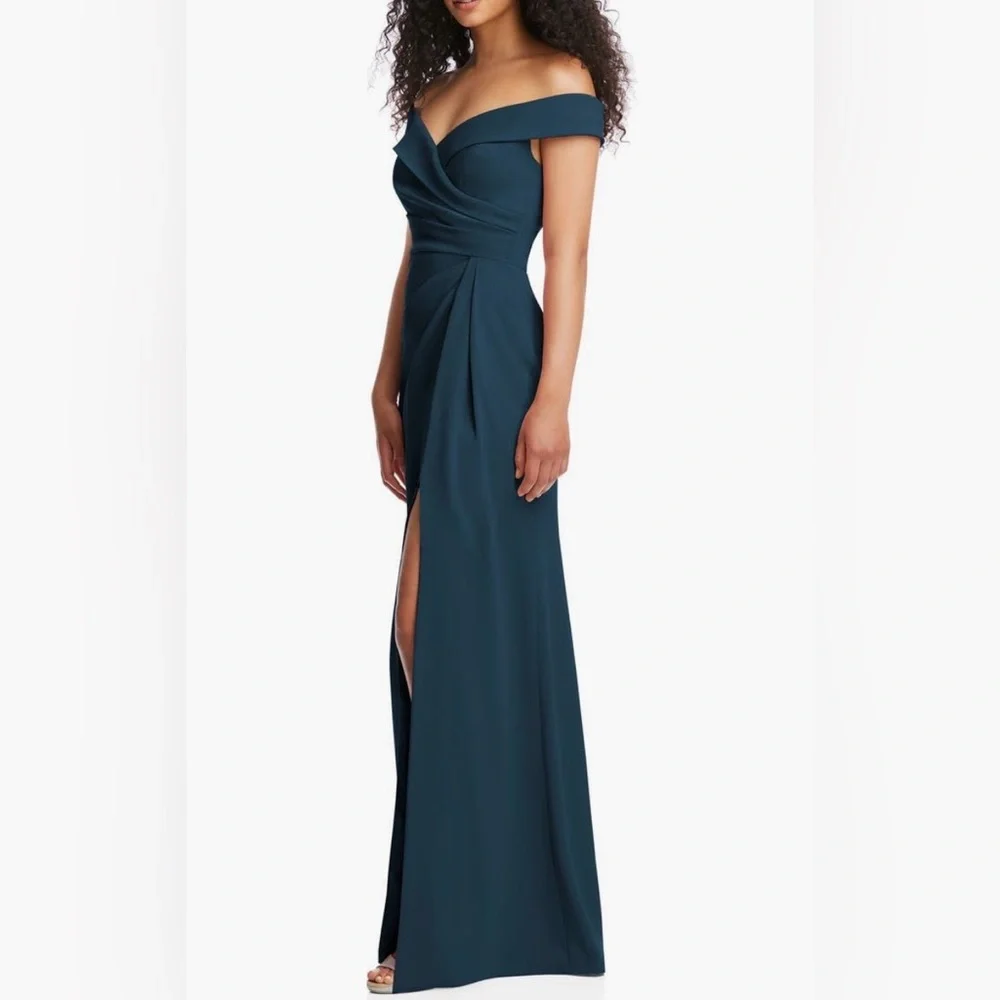 After Six - Deep Teal Atlantic Blue Off the Shoulder Crepe Gown Maxi Dress - Picture 6 of 15